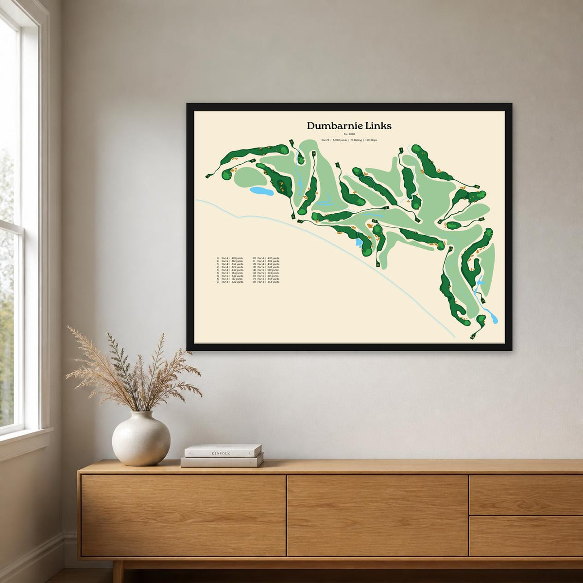 Dumbarnie Links map, beige background, black frame above an oak sideboard