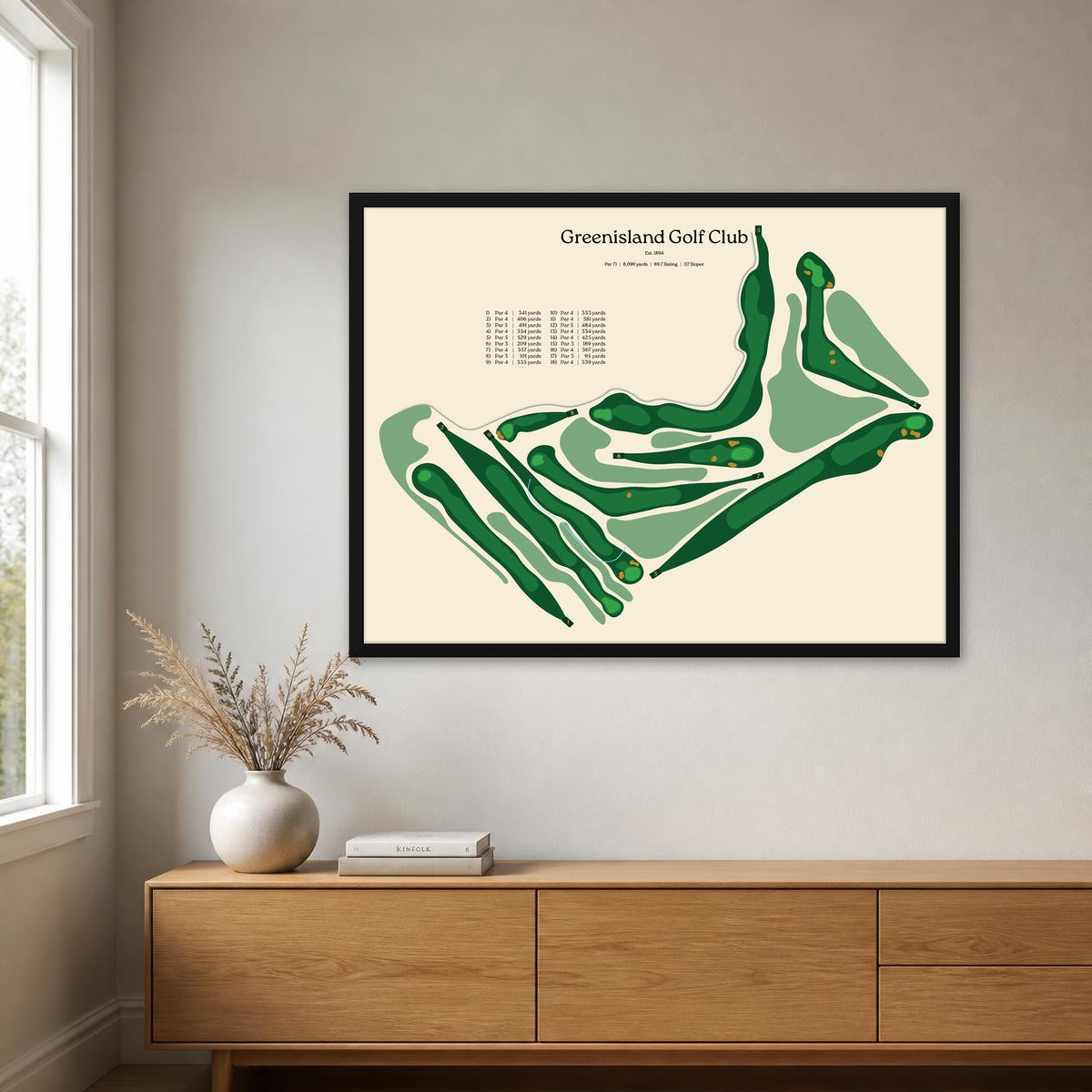 Greenisland Golf Club map, beige background, black frame above an oak sideboard