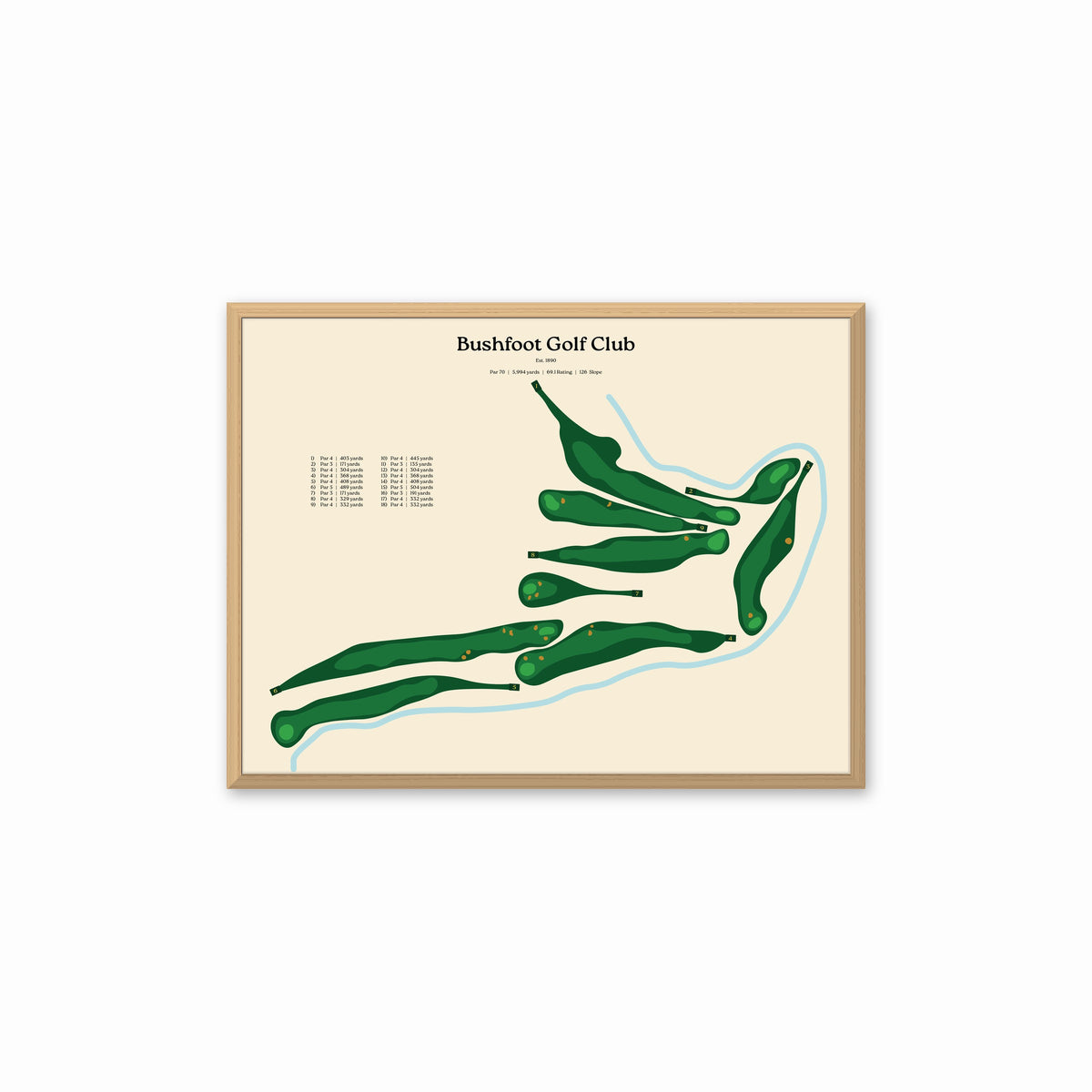 Bushfoot Golf Club map, beige background, in a light wood frame