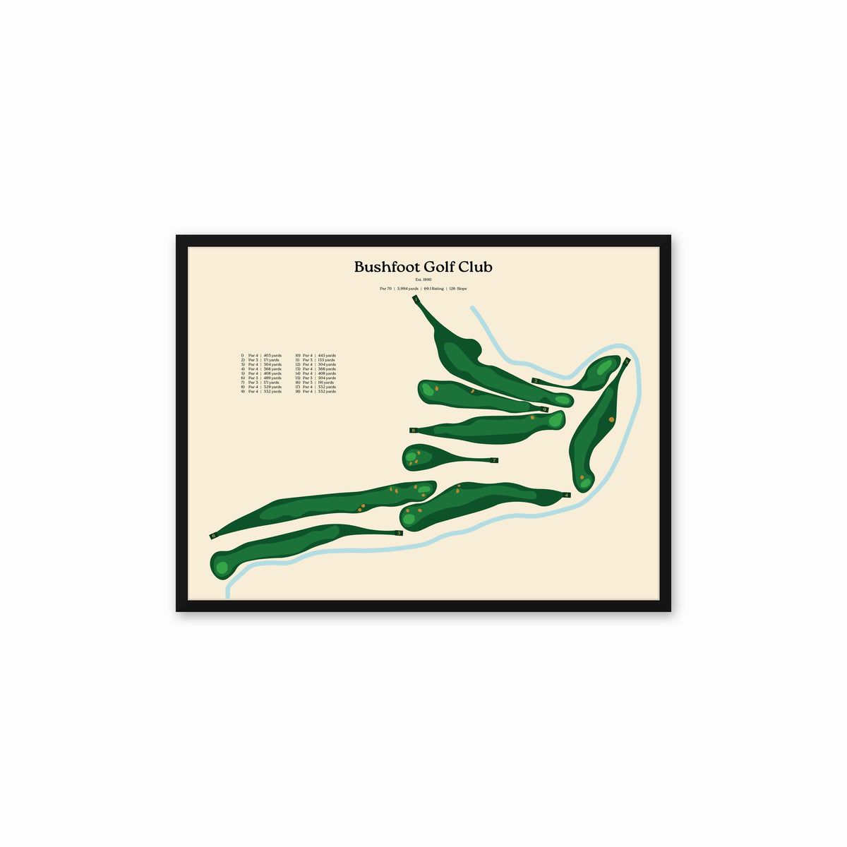 Bushfoot Golf Club map, beige background, in a black frame