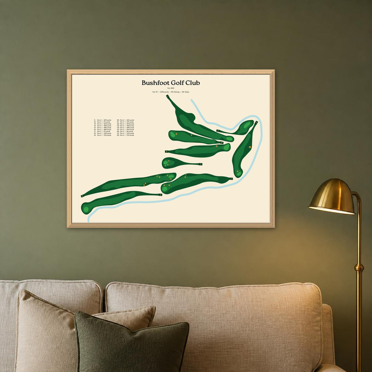 Bushfoot Golf Club map, beige background, wood frame on a sage green living room wall