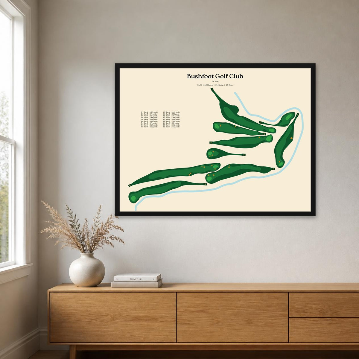 Bushfoot Golf Club map, beige background, black frame above an oak sideboard
