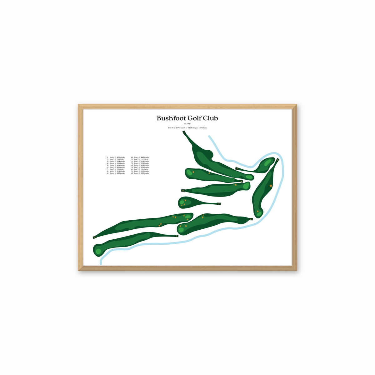 Bushfoot Golf Club map, white background, in a light wood frame