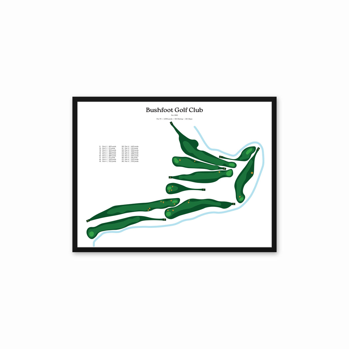 Bushfoot Golf Club map, white background, in a black frame