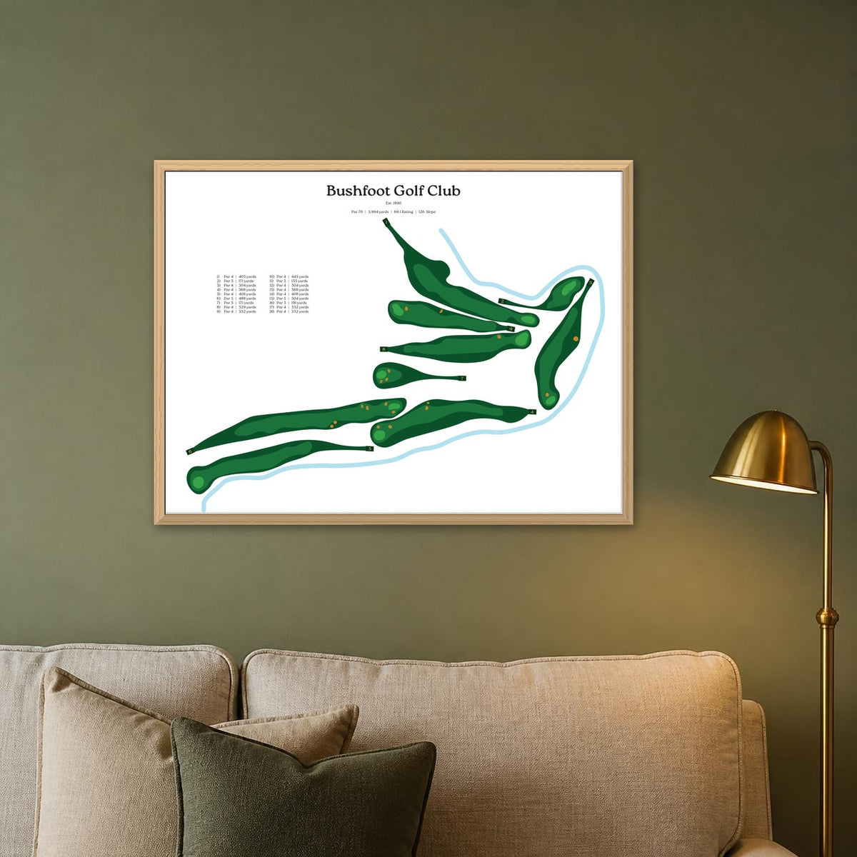Bushfoot Golf Club map, white background, wood frame on a sage green living room wall