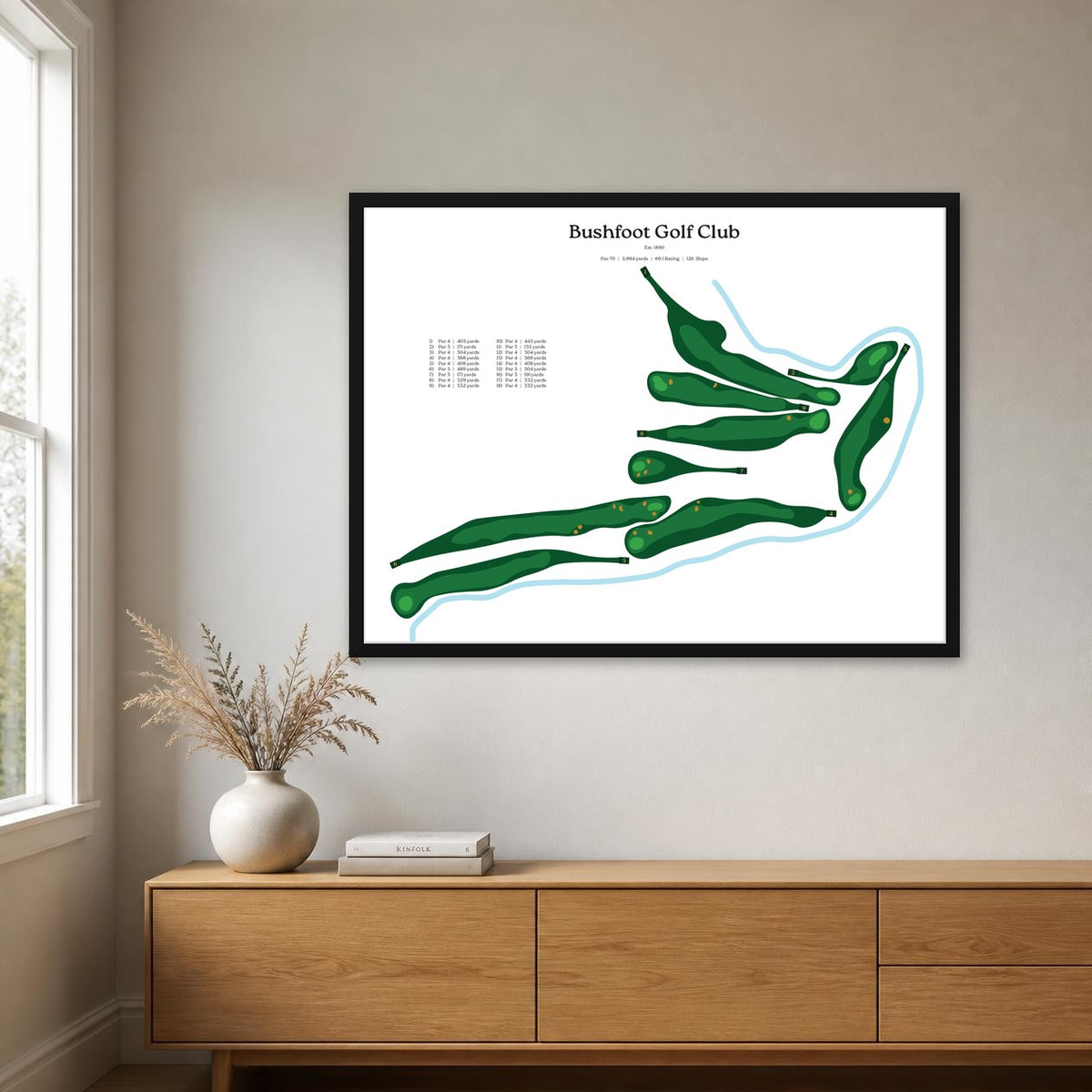 Bushfoot Golf Club map, white background, black frame above an oak sideboard