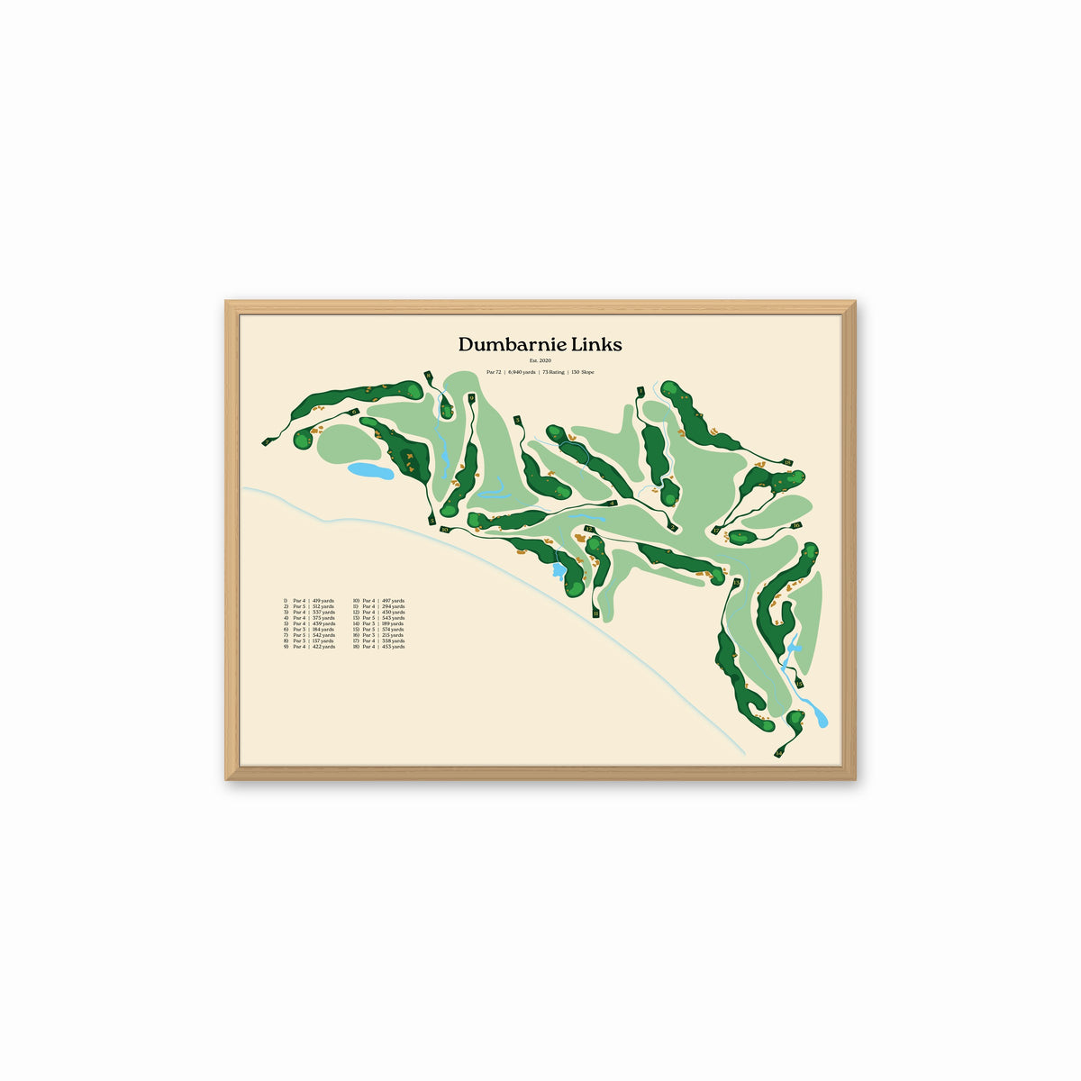 Dumbarnie Links map, beige background, in a light wood frame