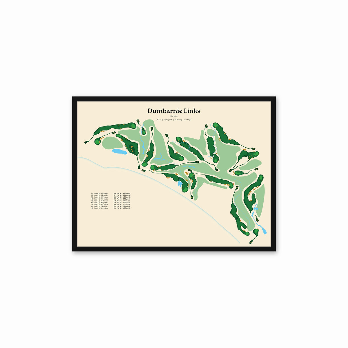 Dumbarnie Links map, beige background, in a black frame