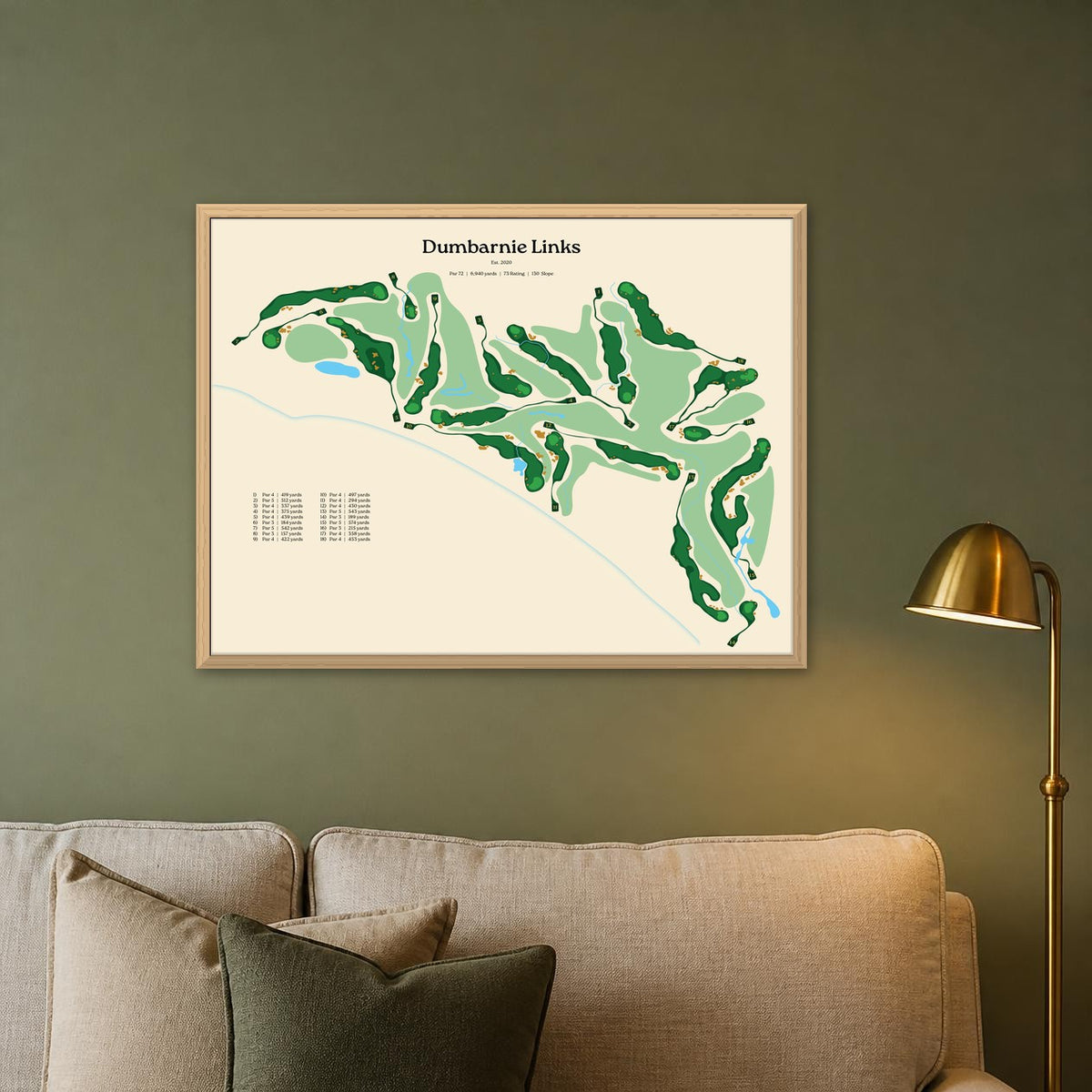 Dumbarnie Links map, beige background, wood frame on a sage green living room wall