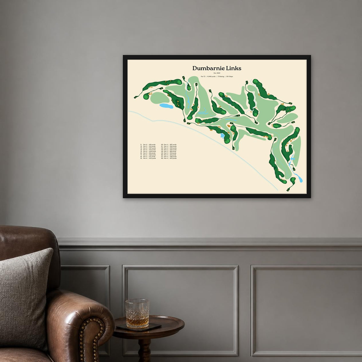 Dumbarnie Links map, beige background, black frame on a grey panelled wall
