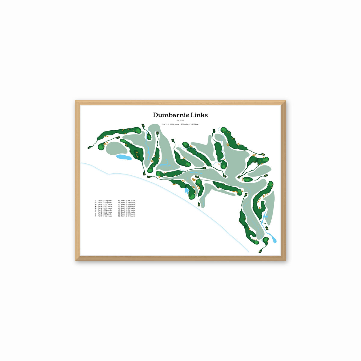 Dumbarnie Links map, white background, in a light wood frame