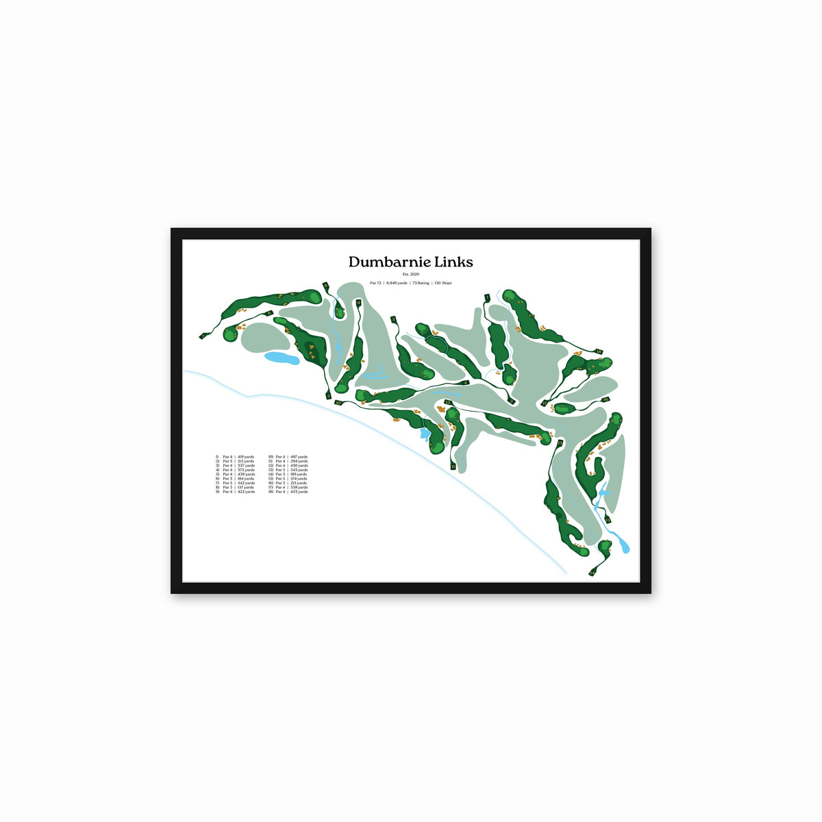 Dumbarnie Links map, white background, in a black frame