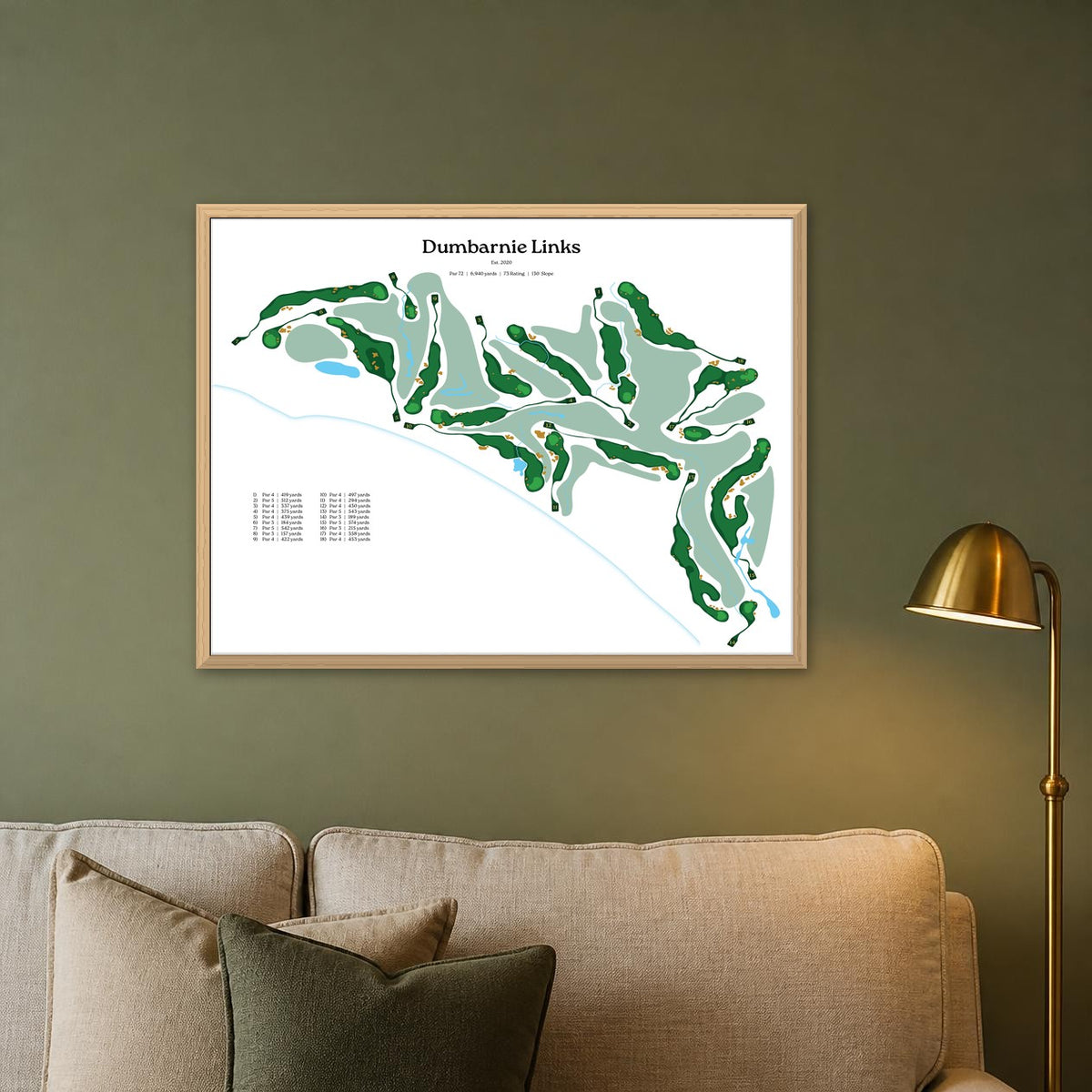 Dumbarnie Links map, white background, wood frame on a sage green living room wall
