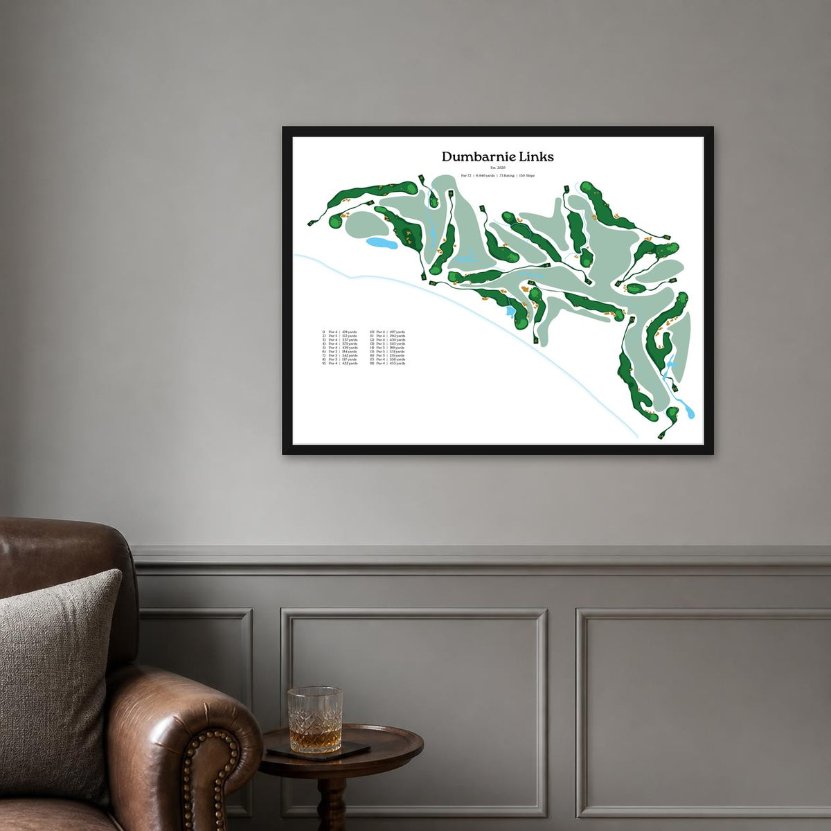 Dumbarnie Links map, white background, black frame on a grey panelled wall