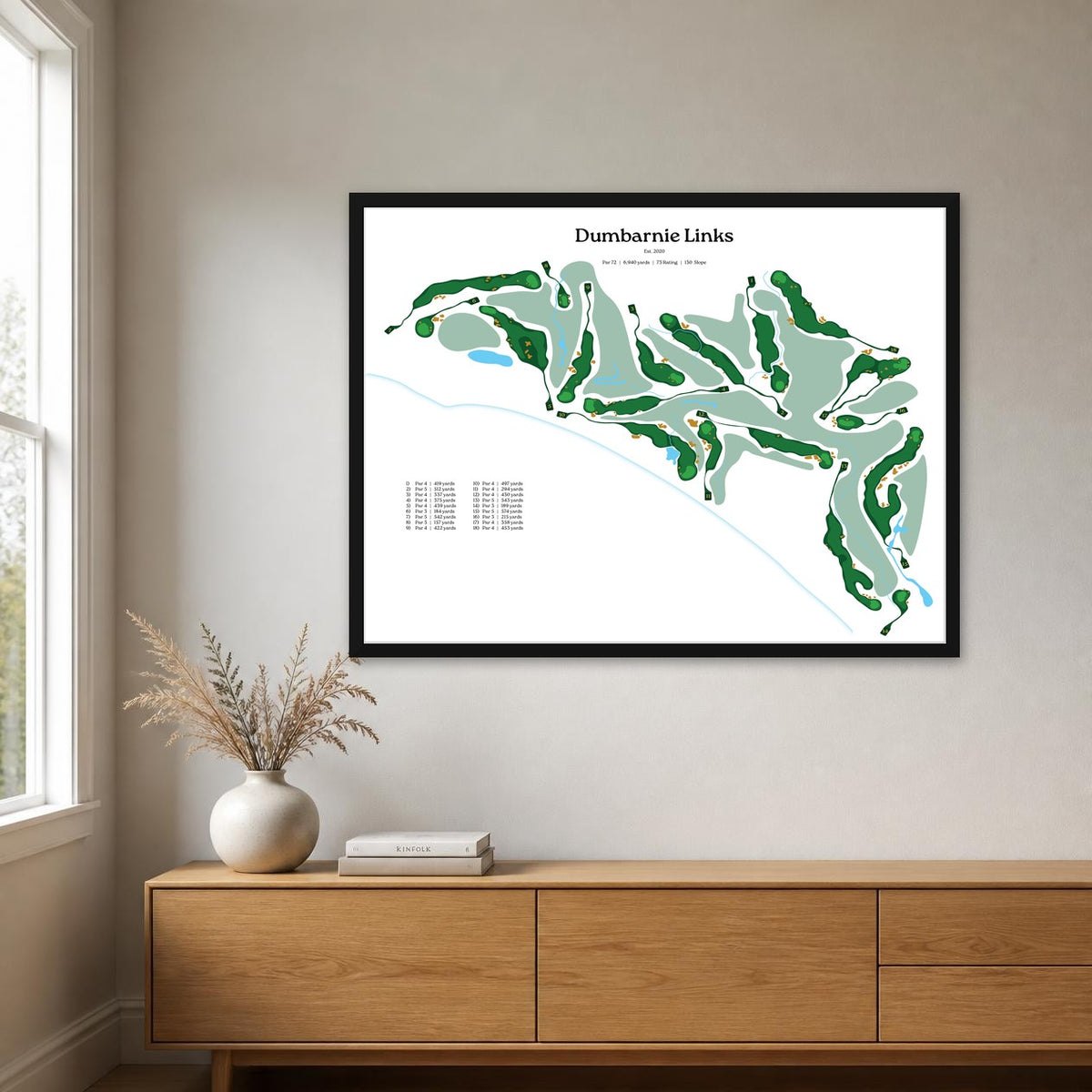 Dumbarnie Links map, white background, black frame above an oak sideboard