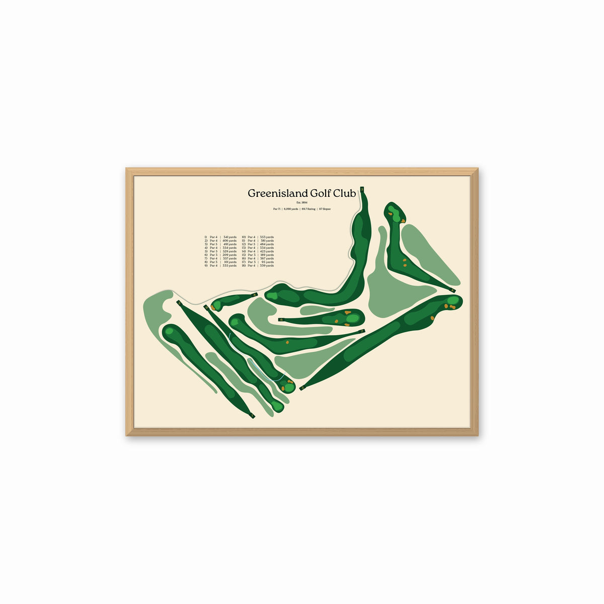 Greenisland Golf Club map, beige background, in a light wood frame