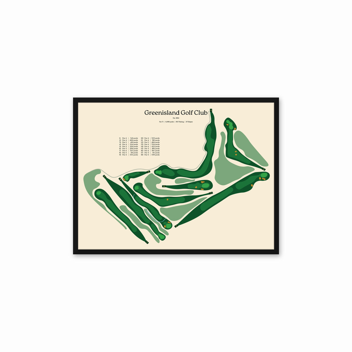 Greenisland Golf Club map, beige background, in a black frame