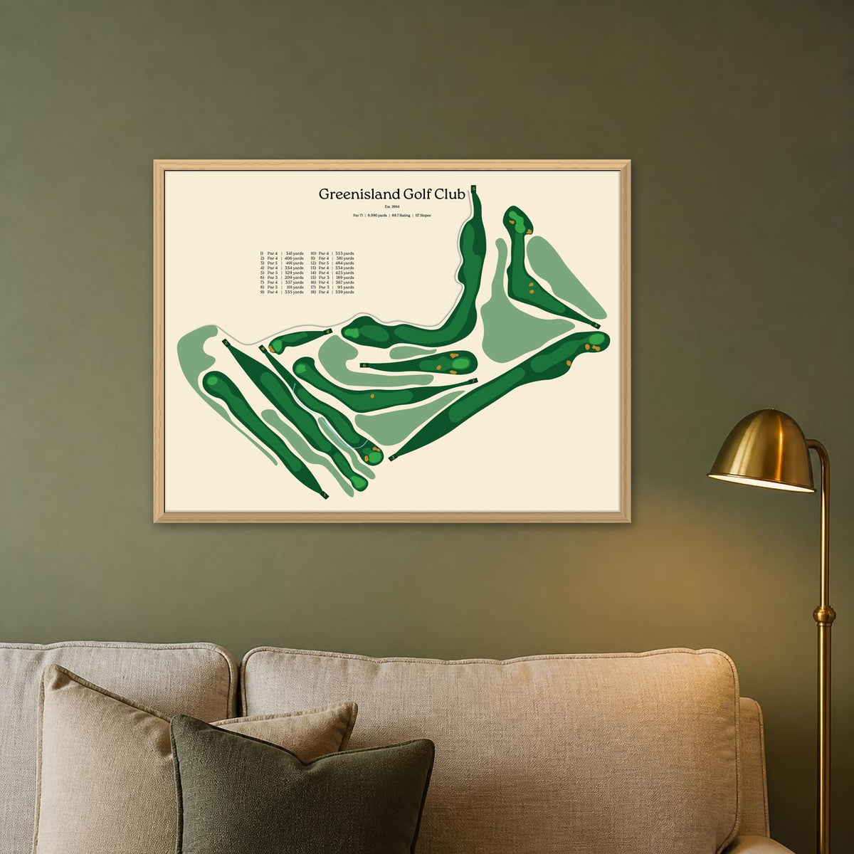 Greenisland Golf Club map, beige background, wood frame on a sage green living room wall