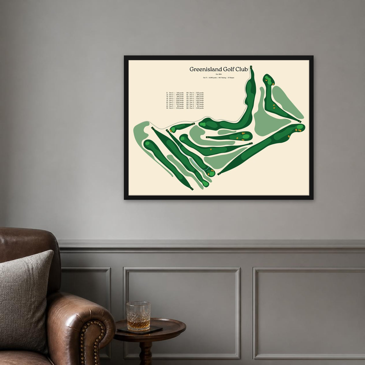 Greenisland Golf Club map, beige background, black frame on a grey panelled wall