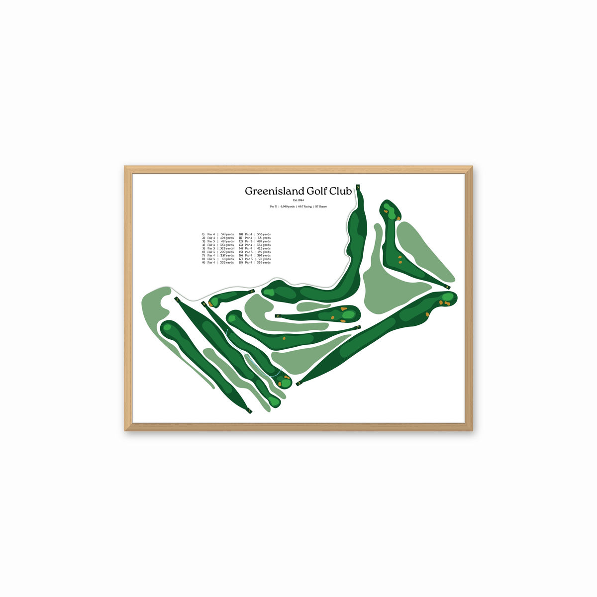Greenisland Golf Club map, white background, in a light wood frame