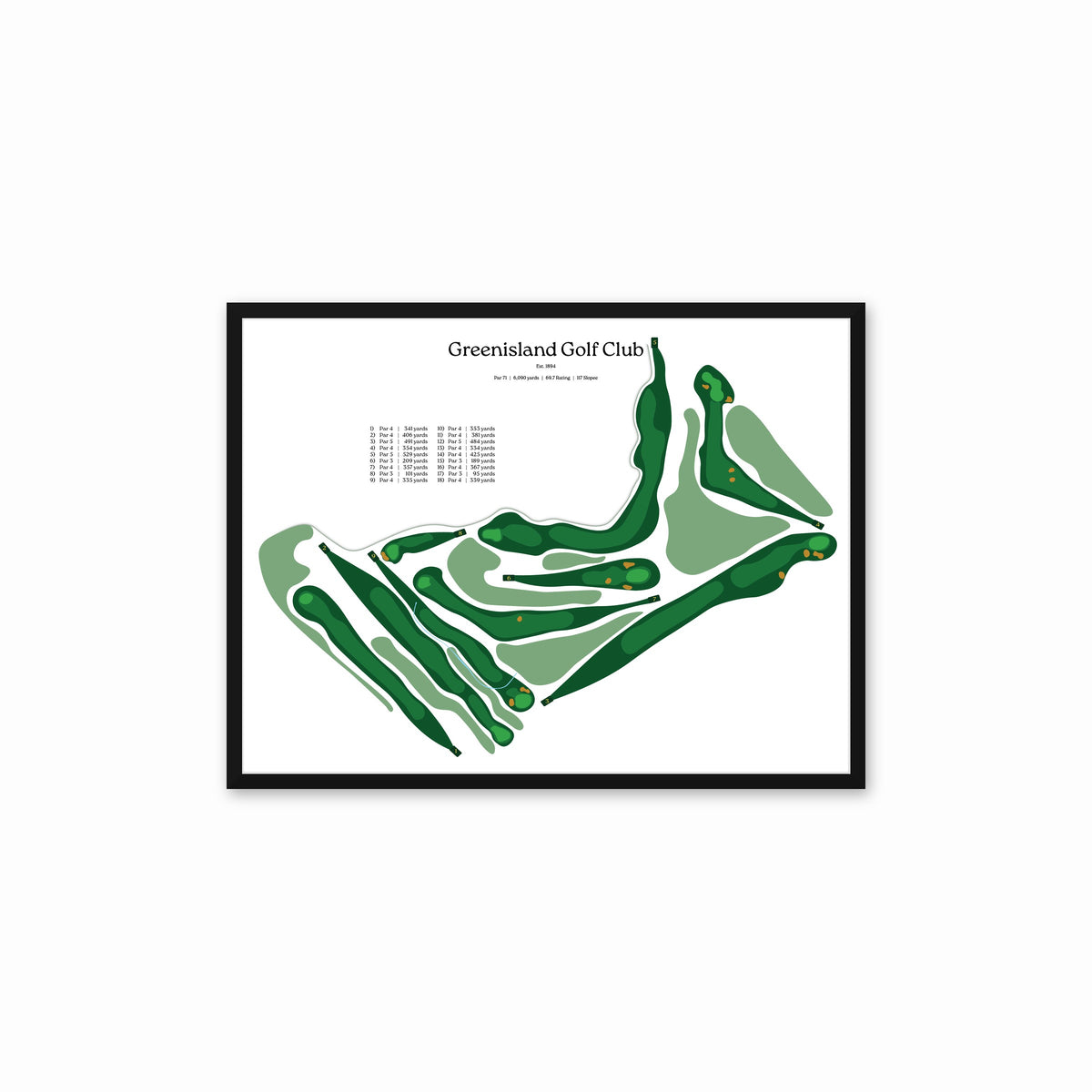 Greenisland Golf Club map, white background, in a black frame