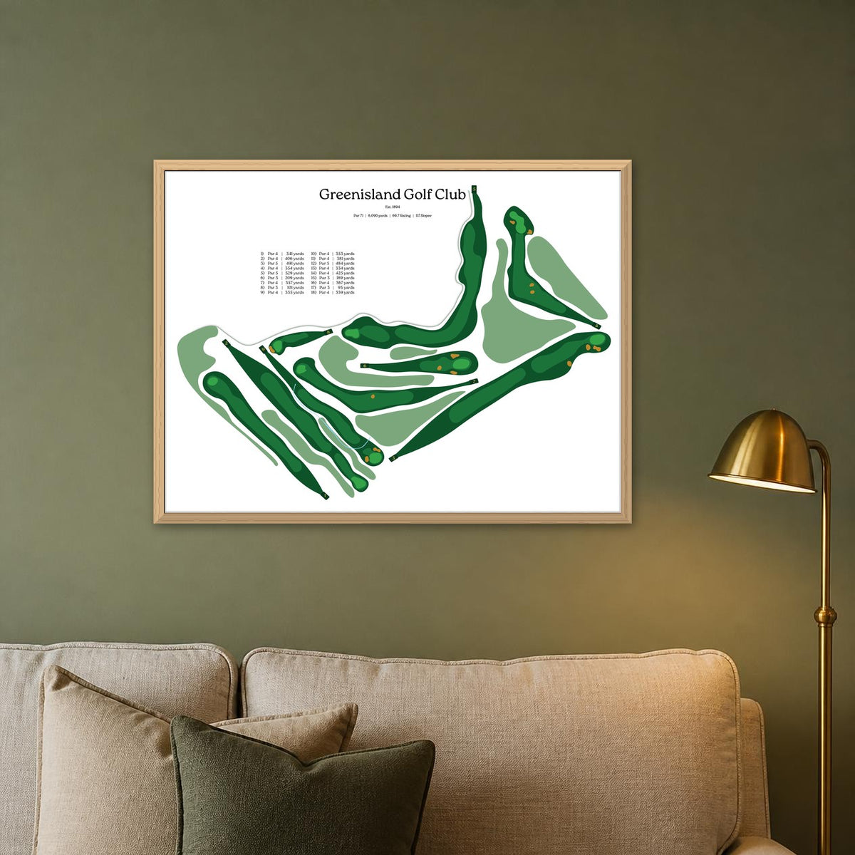 Greenisland Golf Club map, white background, wood frame on a sage green living room wall