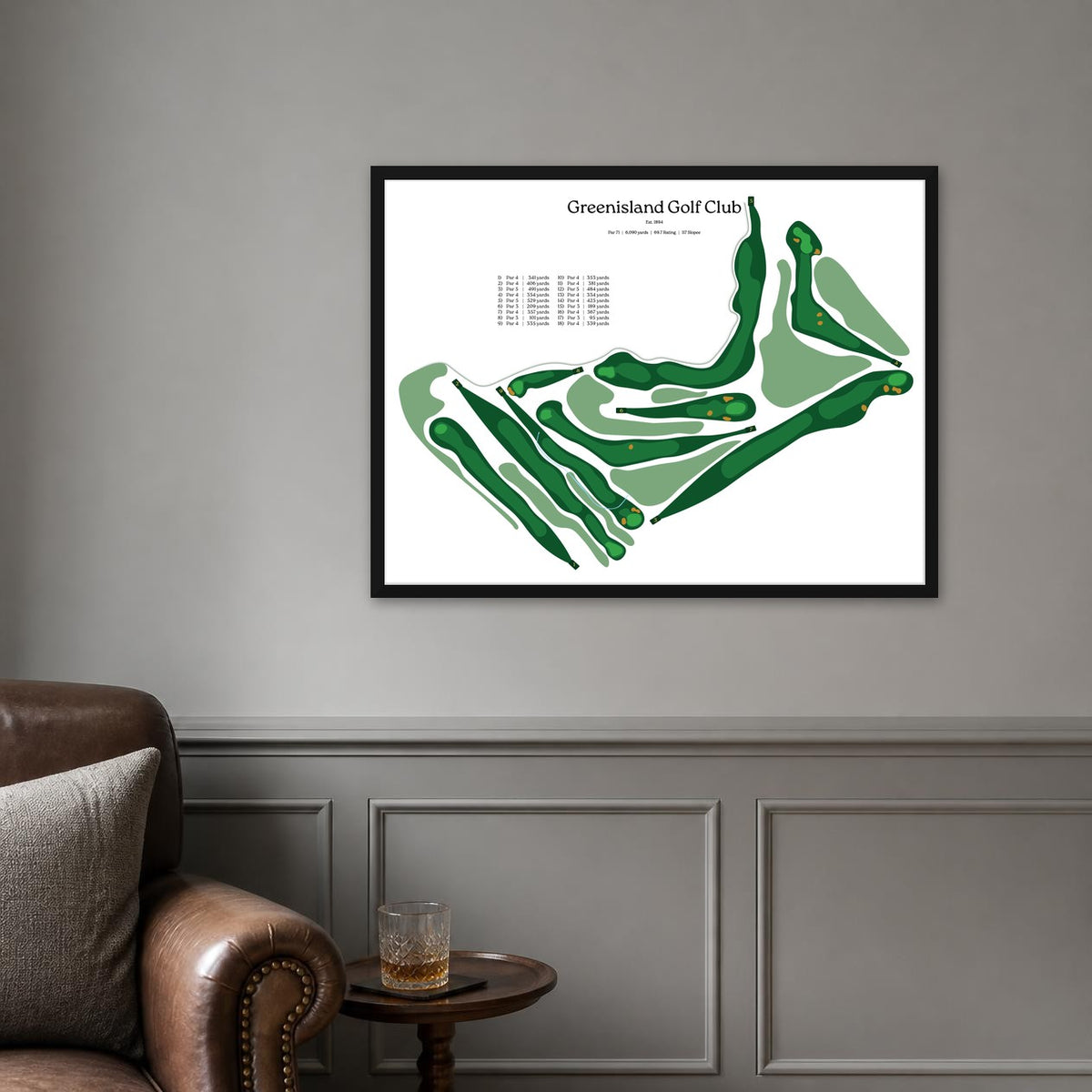 Greenisland Golf Club map, white background, black frame on a grey panelled wall