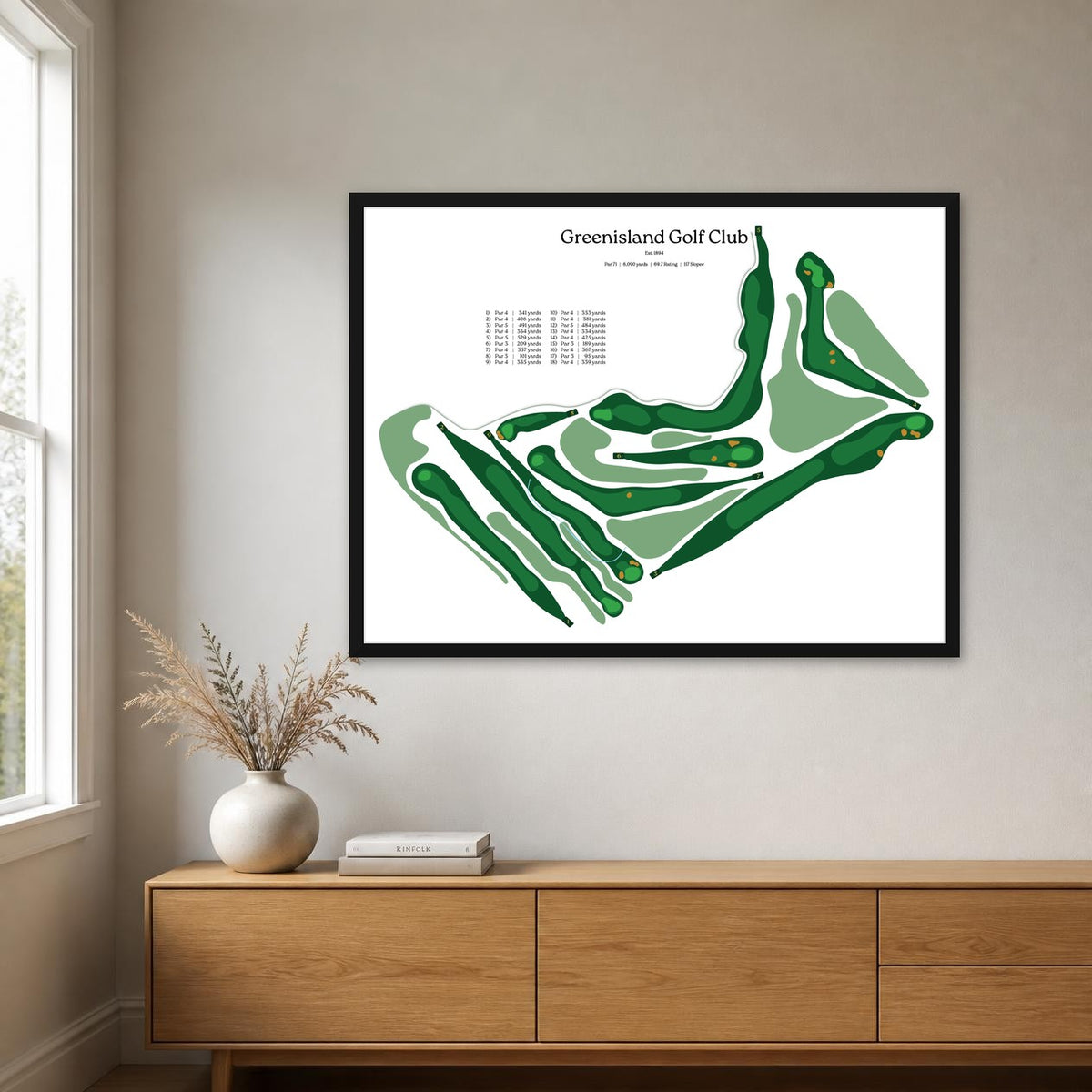 Greenisland Golf Club map, white background, black frame above an oak sideboard